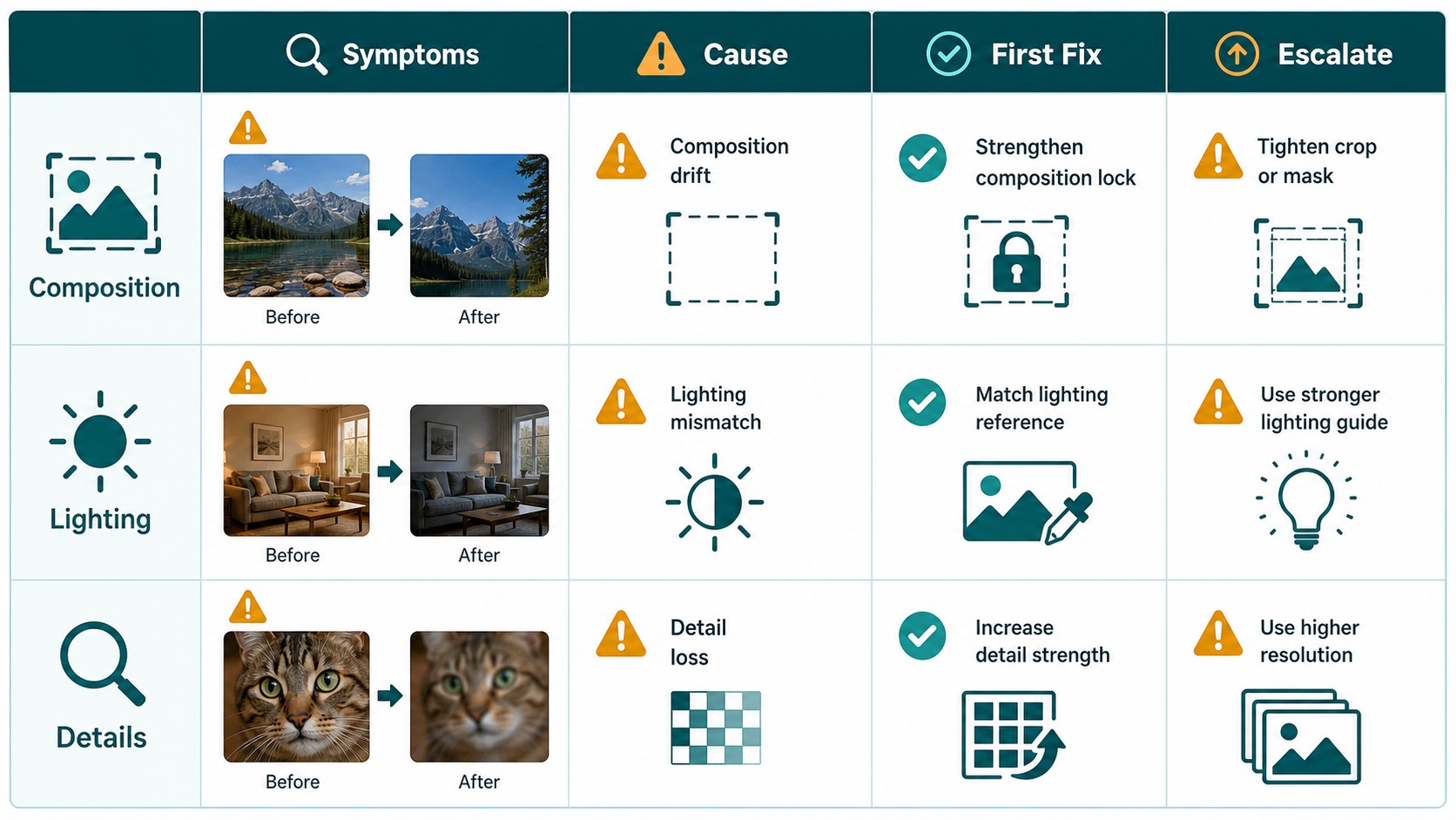 Troubleshooting matrix for image-to-image composition lighting and detail failures
