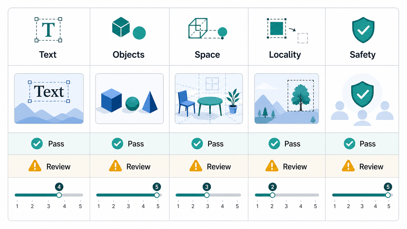 Quality matrix for GPT Image 2 text, object, spatial, locality, and safety checks